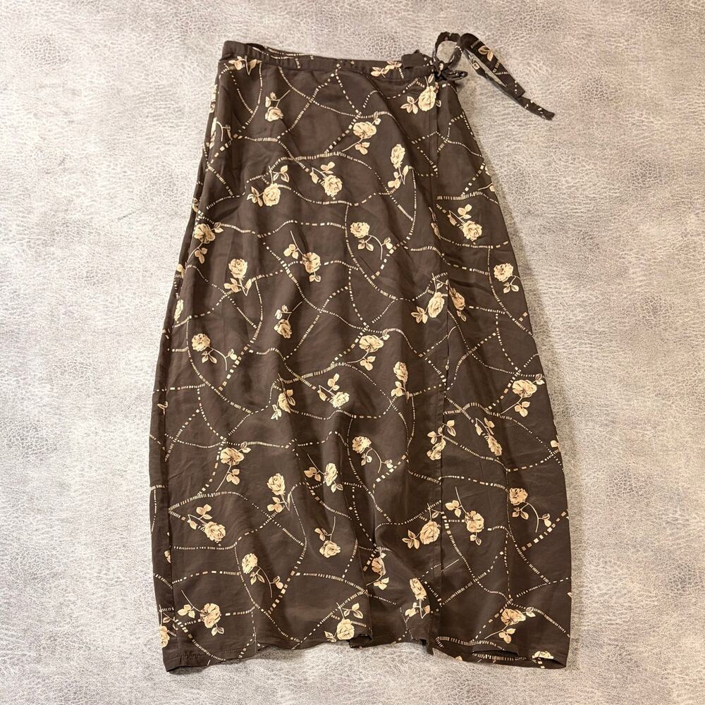 Brown Silk Floral Wrap Maxi Skirt